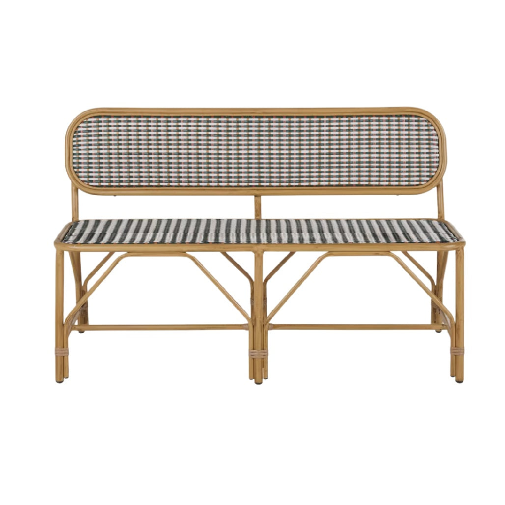 Banc en rotin tissé à rayures noires et blanches avec dossier haut