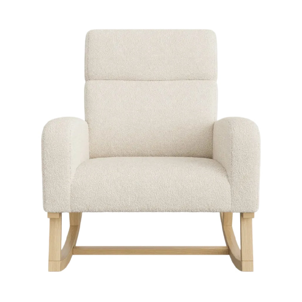 Fauteuil Rocking Chair Moderne en Tissu Écru avec Base en Bois