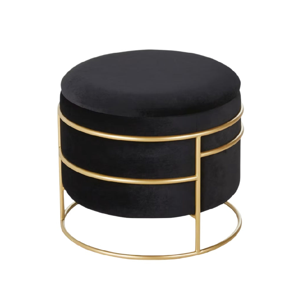 Pouf rond en velours noir avec base en métal doré