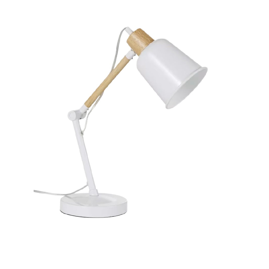 Lampe de table moderne avec bras articulé en bois et abat-jour blanc