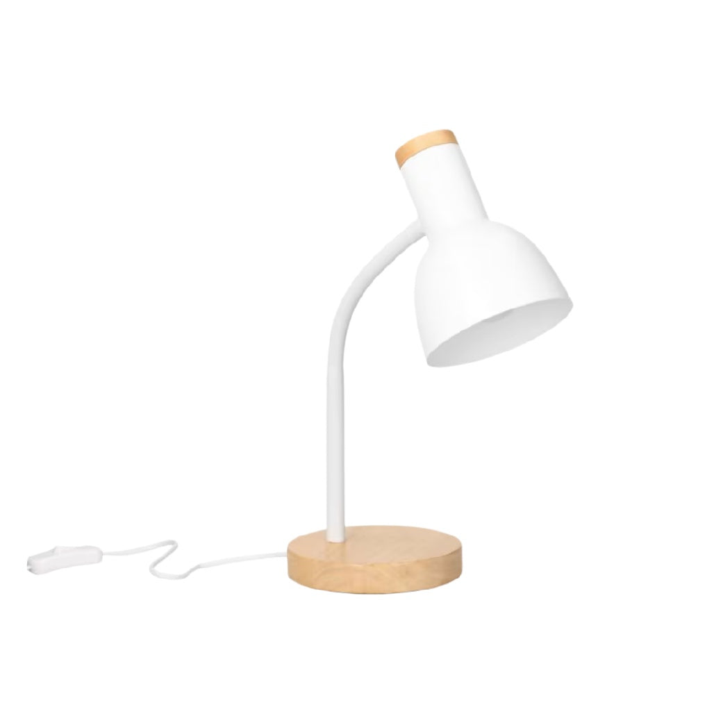 Lampe de table moderne avec abat-jour blanc et base en bois naturel.