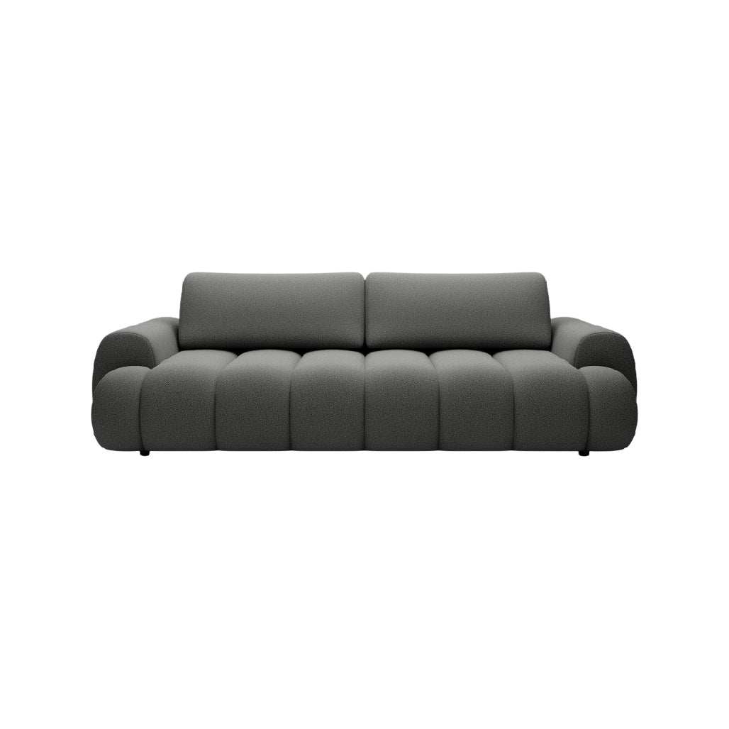 Sofa moderne en tissu gris foncé avec un design élégant et confortable.